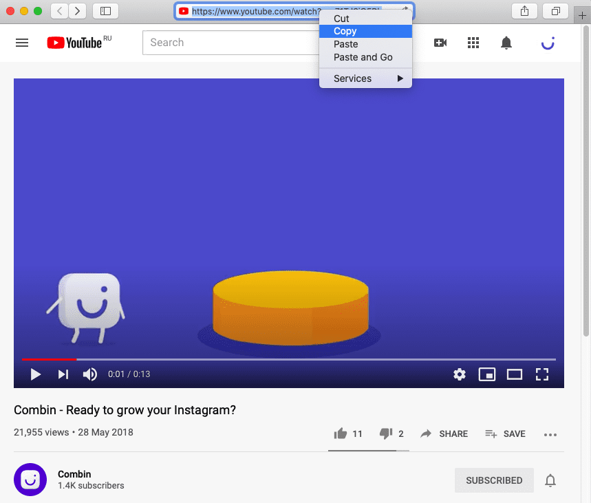 Copy browser link from Youtube music clip