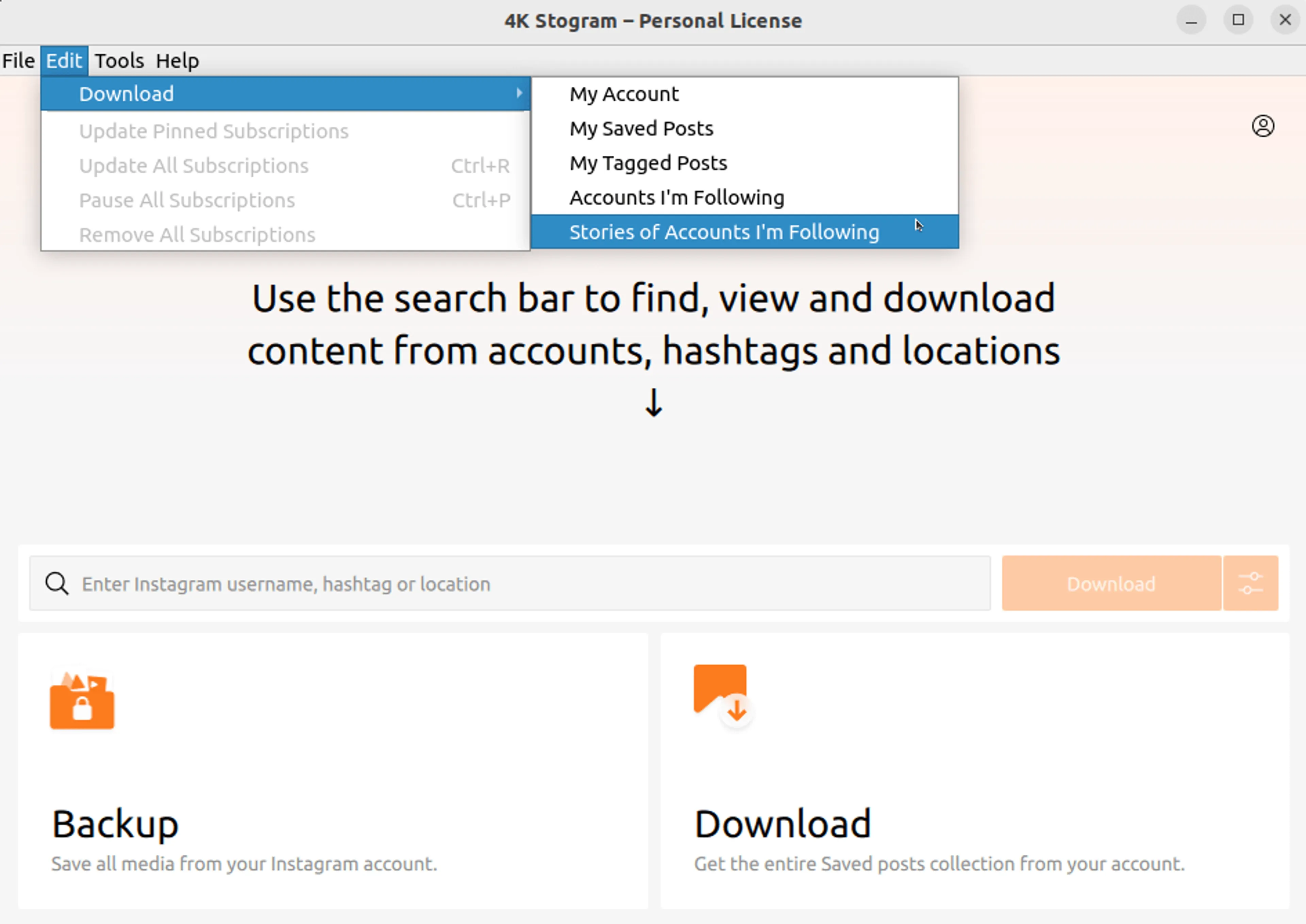 Subscribe and Download pictures from your Instagram following list in to 4K Stogram