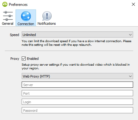 Click Enable proxy and past proxy data 4k video downloader