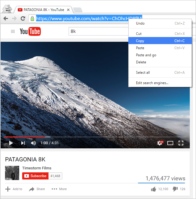 Copy browser link Youtube 8k video clip