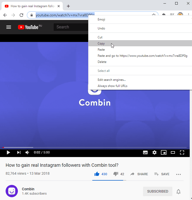 Copy browser link from Youtube music clip